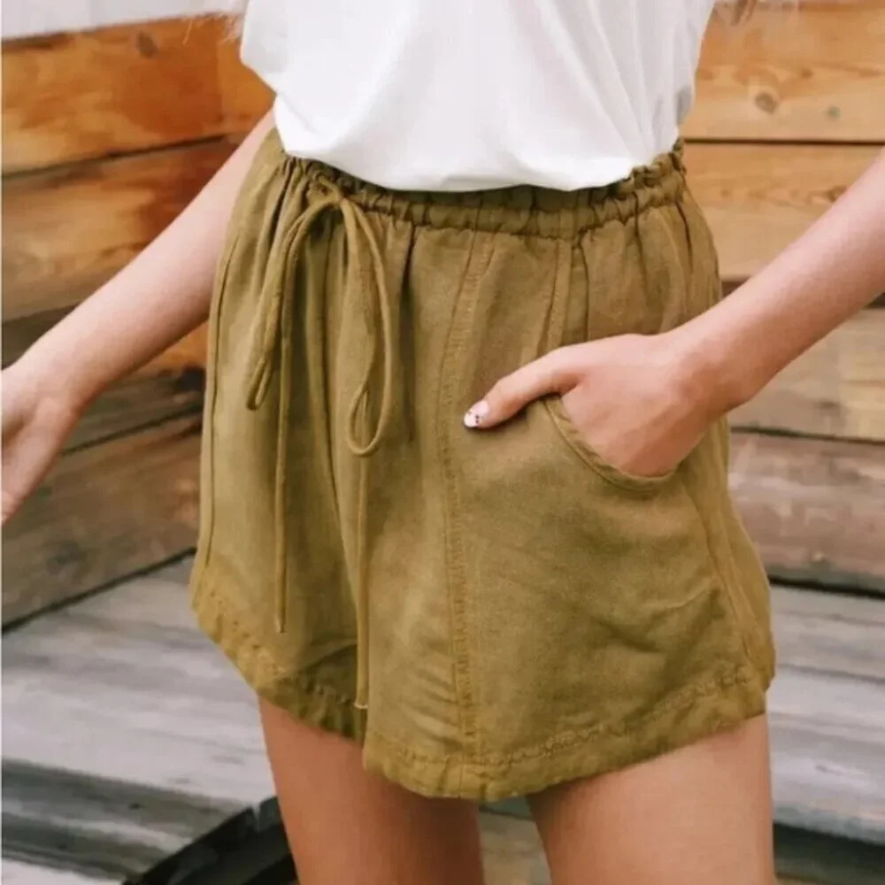 Free People Linen Blend Mirella Cinched Shorts Olive Green Size Small